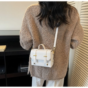 Detail of white mini crossbody bag featuring magnetic buckles and gold metal hardware