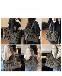 Vues détaillées du sac de camping camouflage avec sangles grises et crochets latéraux
