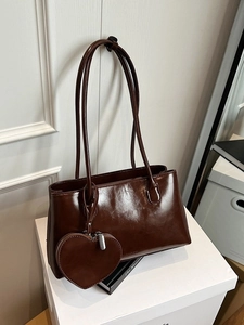 Women Vintage Glossy PU Leather Tote Bag And Heart Charm Minimalist Rectangular Shoulder Bag Elegant Underarm Handbag