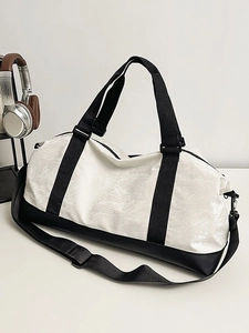 Large capacity travel duffel bag with black and white waterproof textured synthetic leather