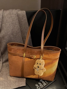 Large Capacity Faux Suede Tote Bag Women Vintage Leopard Print Shoulder Bag With Plush Bear Pendant Fashion Casual Handbag