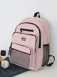 Roze canvas rugzak met zwarte gaasvakken en KFD-logo voor reizen en studenten