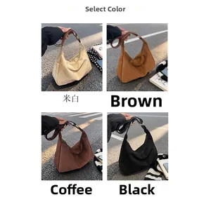 Hobo bucket bags shown in beige, brown, coffee, and black suede with adjustable straps