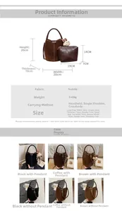 Tabla de tallas y especificaciones del set de bolsos tipo cubo de ante vintage con medidas