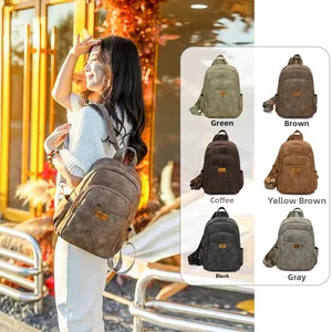 Detailed view of frosted leather backpacks in six colors with gold metal buckles