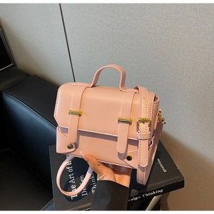 Detail of pink vintage satchel bag with gold buckle hardware on a book