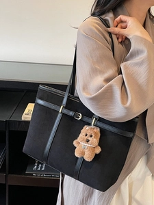 Retro black suede tote bag with large capacity and cute teddy bear charm for women
