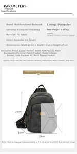 Detailed dimensions and 9.7-inch iPad size comparison of grey PU leather backpack