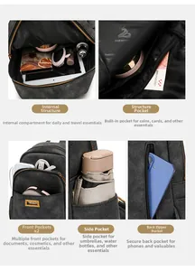 Detailed internal structure and multiple pockets of this large black travel backpack