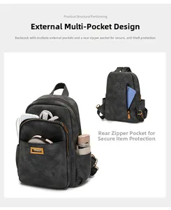 Deep gray backpack featuring multiple pockets and hidden anti-theft rear zipper compartment