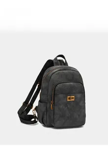 Detail view of charcoal grey large capacity backpack with golden twist lock and side pocket