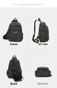 Detailed multi-angle views of vintage charcoal gray faux leather backpack with gold buckles