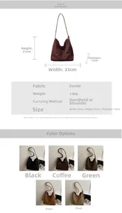 Detailed size specifications and color options for large suede hobo shoulder bag