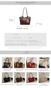Detailed view of large PU leather tote bag measurements and varied color options