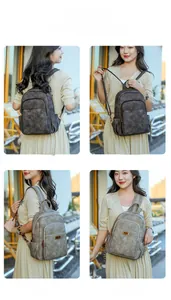 Detail view of large capacity PU leather backpack showing versatile carrying modes