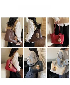 Collage of model wearing minimalist tote bag in brown, red, black, and beige colors