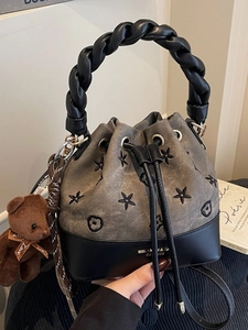Bolso Bombonera Retro para Mujer Lona Cuero PU Patchwork Bordado de Estrellas y Flores Cordón Bolso de Hombro Con Llavero de Oso
