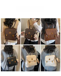 Collage of vintage academy style backpacks in four colors with cute bear charm accessories