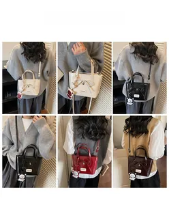 Collage of chic bucket bags with bow and heart charms in multiple colors and styles