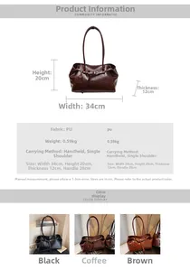 Detailed size chart and material specs for the vintage PU leather tote shoulder bag