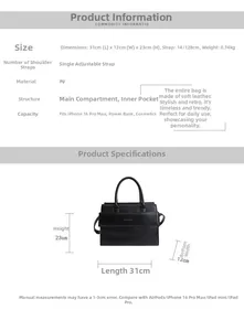 Detailed size chart for black crocodile texture tote bag with specific dimensions and capacity