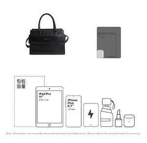 Detailed size comparison of black embossed tote bag with 11-inch iPad and iPhone