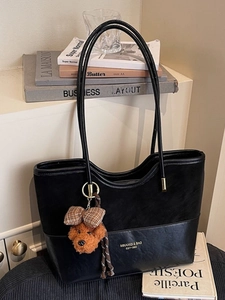 Borsa Tote Patchwork Retro da Donna Grande Capacità in Pelle PU Borsa a Tracolla Con Ciondolo Orsetto Ufficio Scuola
