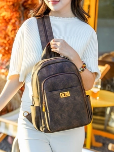 Brown vintage faux leather multi-purpose large capacity backpack with gold metal turn-lock