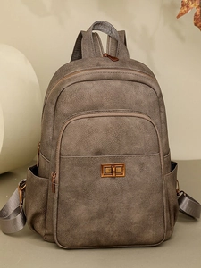 Large capacity vintage faux leather backpack with metallic twist-lock and nylon straps