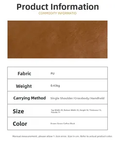 Detailed size chart and specifications for the large capacity PU leather shoulder bag