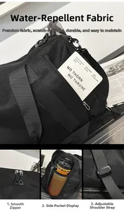 Detail view of water-resistant fabric and side mesh pocket of this black sports travel bag
