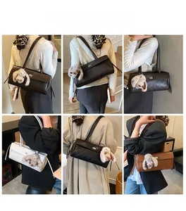 Collage of quilted shoulder bag on model featuring metal clasp and plush bunny charm