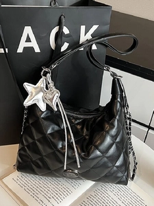Women Quilted Rhombus Shoulder Bag PU Leather Large Tote Hobo Bag With Star Heart Charms Silver Chain Strap Commuter Handbag