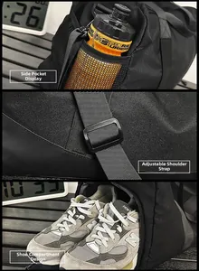 Detail of travel duffel with side mesh pocket, adjustable strap and separate shoe compartment