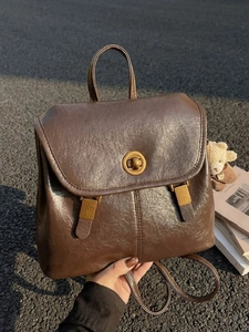 Vintage PU Leather Backpack For Women College Style School Bag Large Capacity Rucksack With Bear Pendant Casual Travel Bag