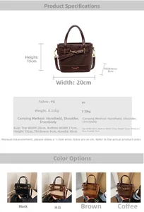 Detailed size guide and four color variations of this retro PU leather bucket bag