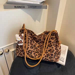 Grand Sac Tote Vintage en PU Aspect Suède pour Femme Imprimé Léopard Sac à Épaule Style Street Trajet Travail Voyage
