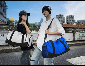 Dual colors sports duffel bags featuring separate shoe compartment and adjustable straps