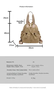 Detailed dimension guide for large khaki nylon travel backpack with waterproof features