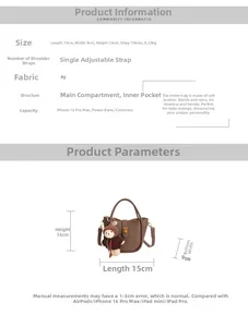 Guide des tailles du sac seau en cuir PU, dimensions 15x9x14cm et bandoulière réglable