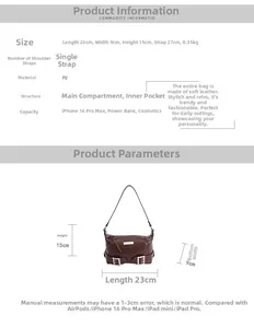 Detailed size chart for the dark brown PU leather hobo bag with specific dimensions
