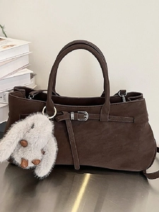 Women Large Capacity PU Leather Shoulder Bag Retro Commuting Handbag With Plush Rabbit Pendant Zipper Closure Tote Bag