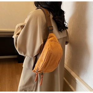 Détail de la sacoche bandoulière en velours côtelé jaune sur un trench-coat kaki