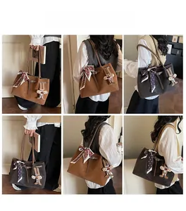 Collage of brown suede tote bag featuring a cute rabbit charm and bow ribbon detail