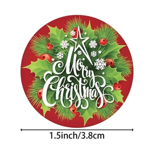 1.5 inch circular Merry Christmas stickers with red holly leaves and star design