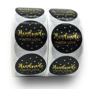 Round Gold Foil Handmade With Love Heart Stickers Black Decorative Labels For Wedding Gift Box Packaging Baking Sealing
