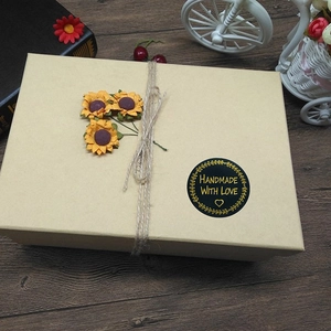 Handmade gift box with sunflowers, twine and gold Hand Made with Love seal stickers