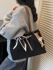 Retro black suede oversized tote bag with brown leather straps and printed silk scarf