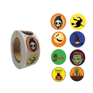 Halloween sticker roll featuring cartoon ghost, bat, and skull designs in vibrant colors