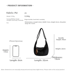 Detailed size specifications and multi-way carry options for black PU shoulder bag